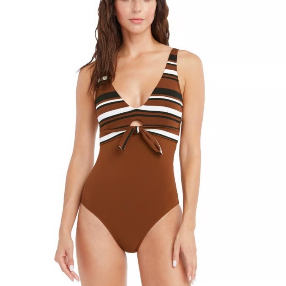 Robin Piccone Simone Tie Front One Piece Swimsuit Retro Striped Neutral Size 8